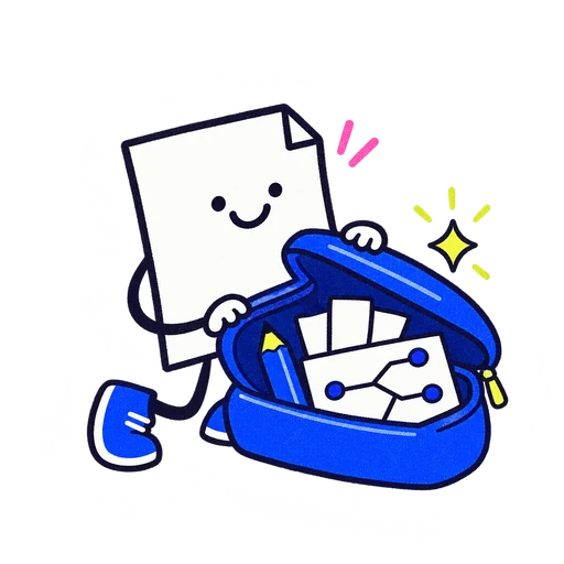 A cheerful white paper character opens a small blue pencil case holding a pencil, a paper branching path and a few blank question cards, with a tiny yellow spark rising.