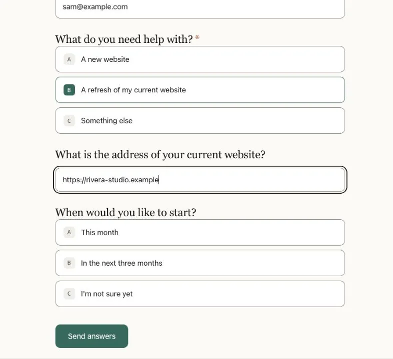 A form where A refresh of my current website is chosen, and a new question asks for the address of the current website.