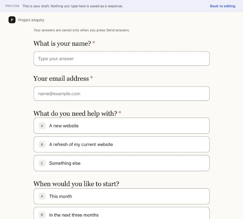 The project enquiry form on one page, with the name, email and choice questions all visible.