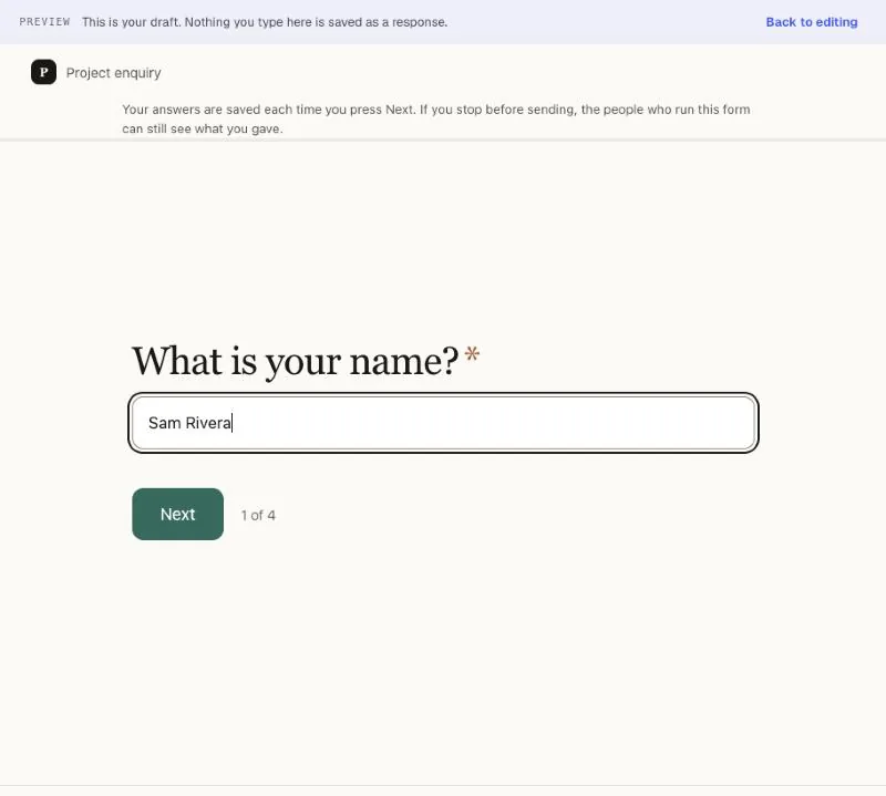 The same form showing only the name question, a Next button and the counter 1 of 4.