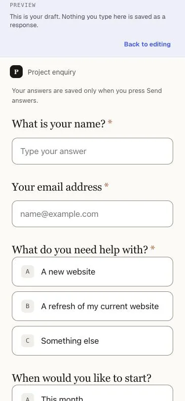 The one page form on a phone, with several questions stacked in a scroll.