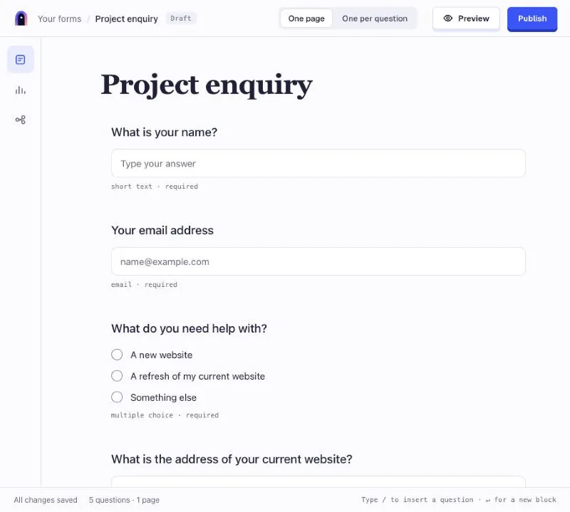 The editor showing the Project enquiry form with a name question, an email question, a multiple choice question and the start of the website question.
