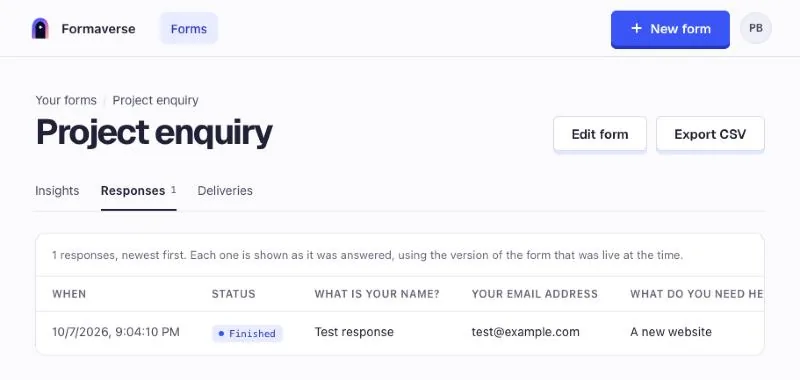 The Responses tab showing one finished response named Test response, with the email test@example.com and the answer A new website.